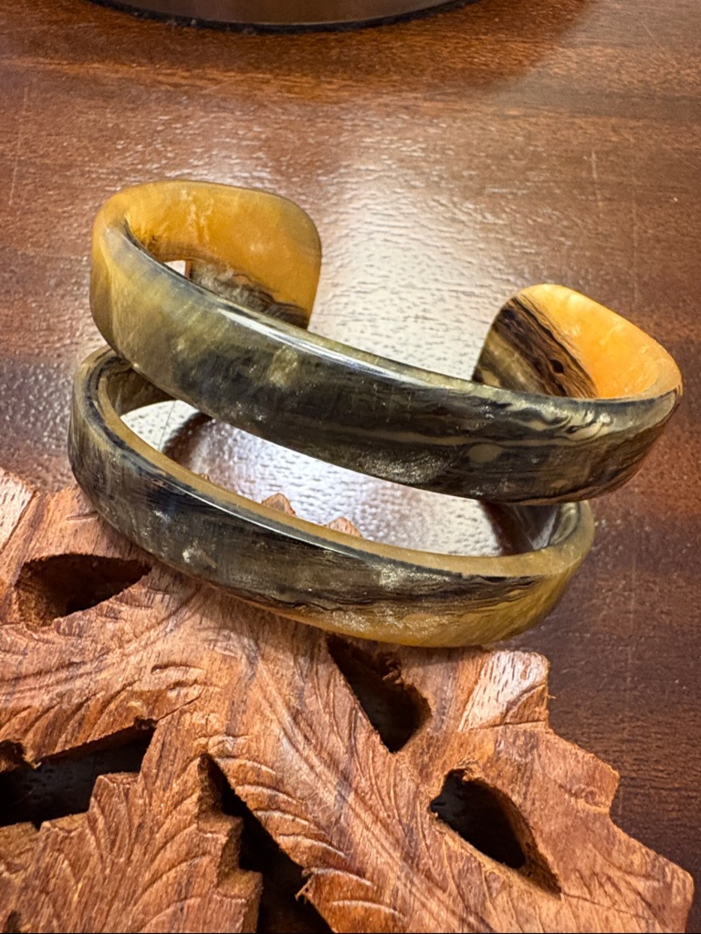 Marbled Double Cuff Bracelet in Amber and Dark Brown